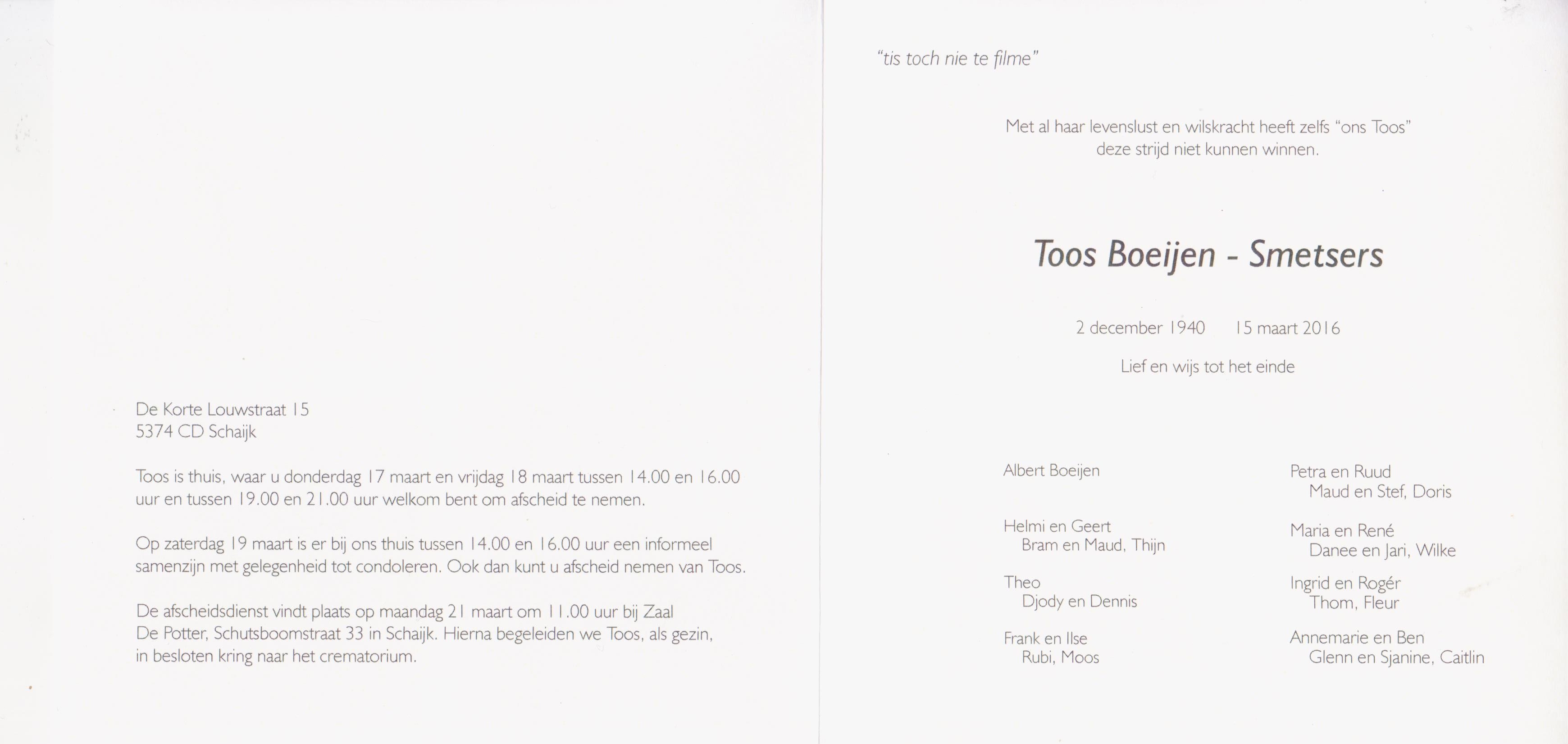 Oud stamboeksecretaris Toos Boeijen overleden